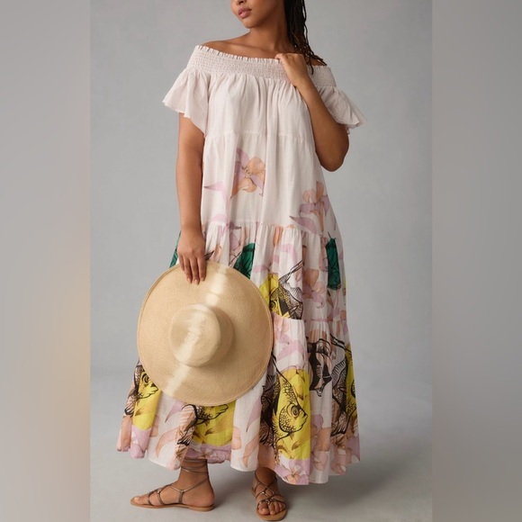 Anthropologie Maeve Pia Binazzi Tiered Off The Shoulder Dress in Novelty - SMALL - Picture 5 of 16